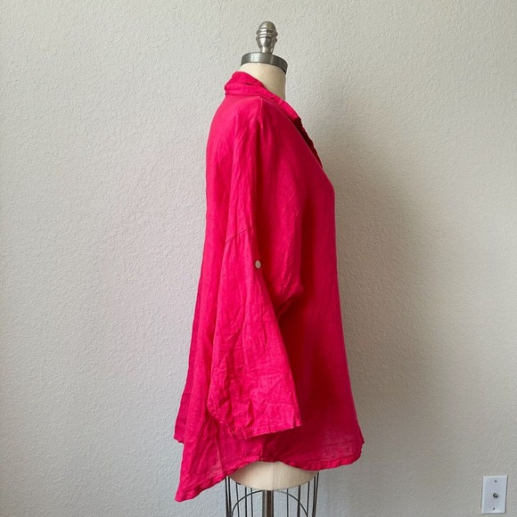 ITALY MADE 100% Linen Roll-Tab Sleeve Gauze Button-Up Shirt in Hot Pink - Picture 6 of 12